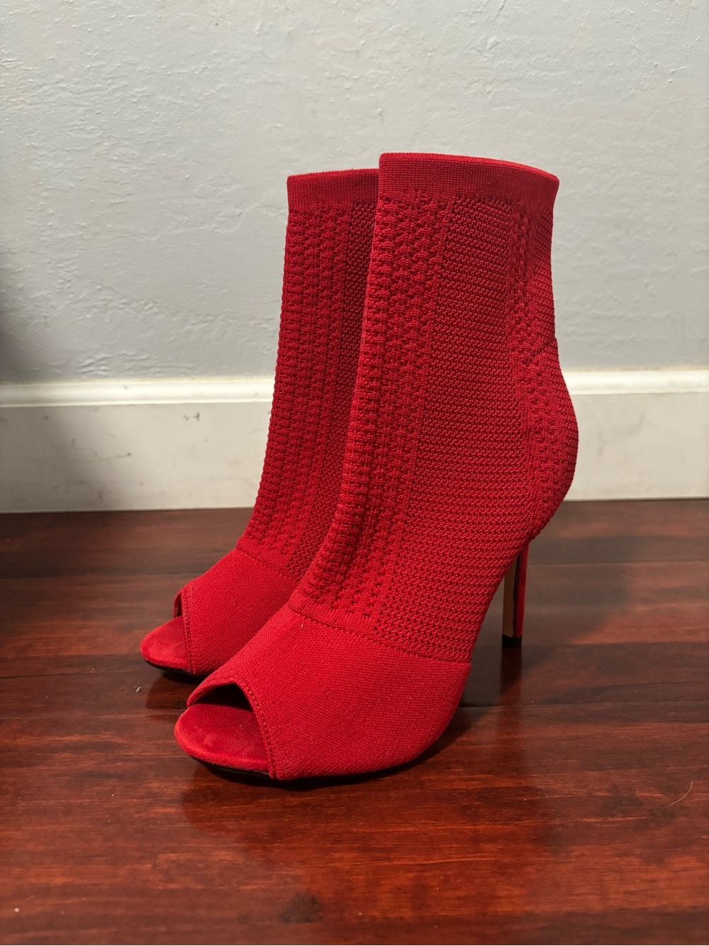 Red Knit Peep-Toe High Heel Booties - Women